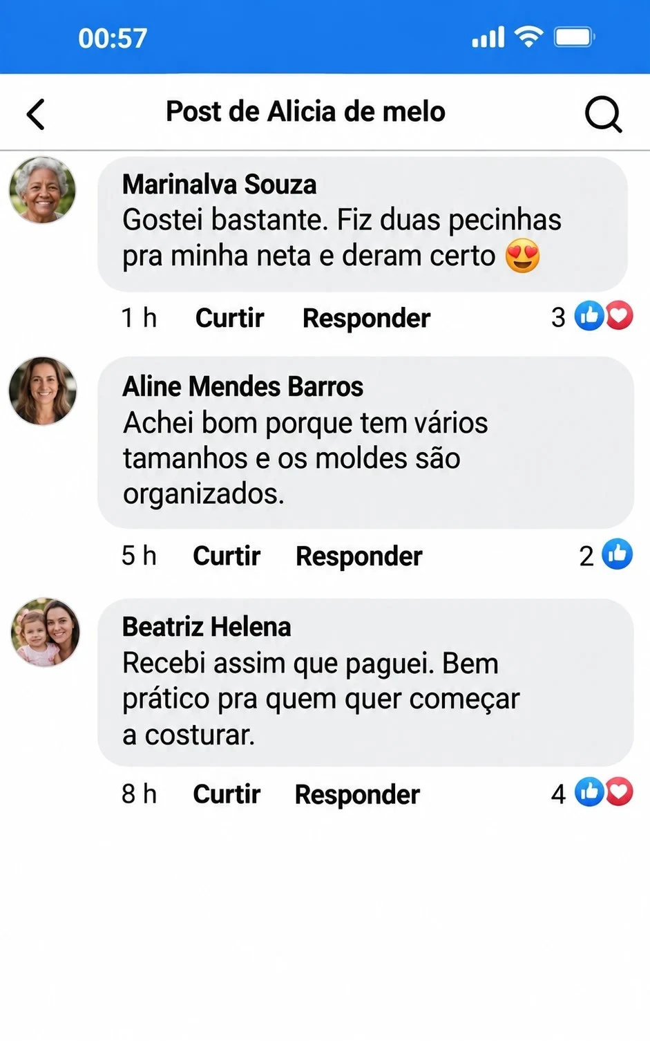 Comentários de clientes sobre os moldes infantis
